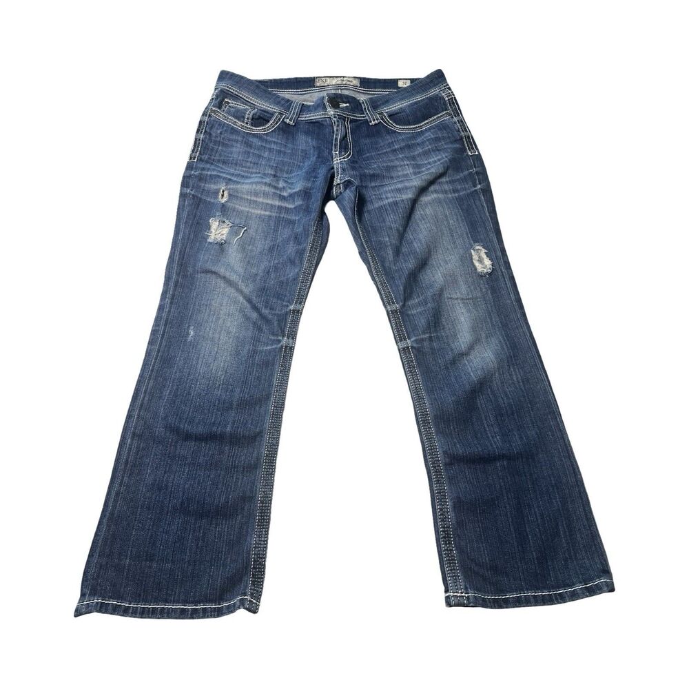 BKE Sabrina Bootcut Jeans Womens 31 Medium Wash Distressed Thick Stitch Low Rise